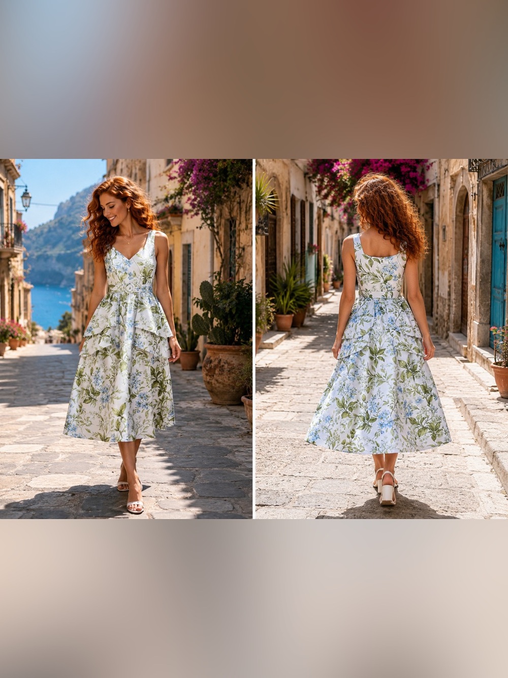 V-Neck Tiered Floral Midi Dress - White & Green